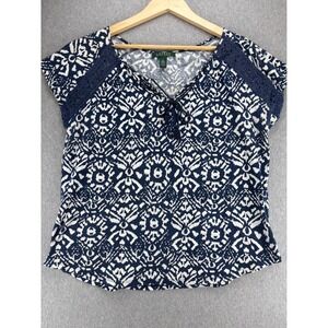 Lauren Ralph Lauren Blouse Women's XL Navy Blue White‎ Geometric Lace Trim Top